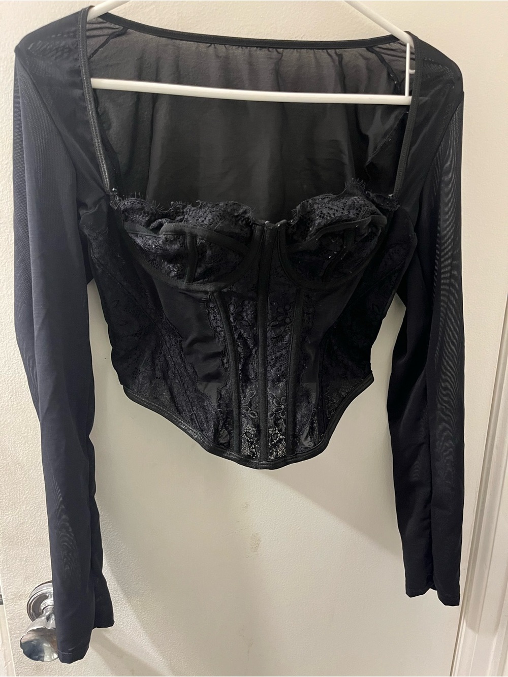 SHEIN Black Lace Mesh Long Sleeve Corset Crop Top
